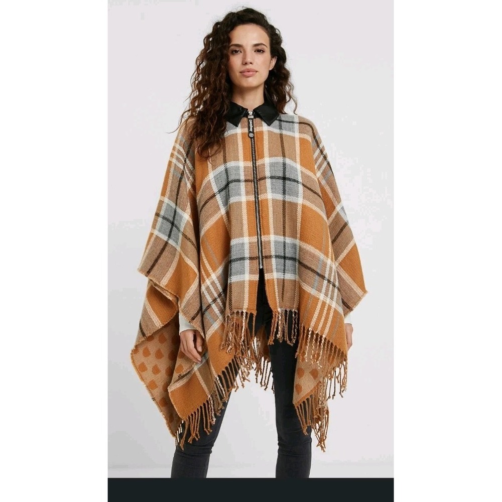 Desigual Womens Orange Gray‎ Plaid Poncho Jacket One Size Fringe Zip 20WAJA09